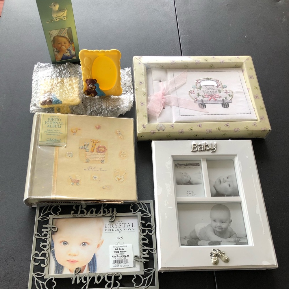 7 piece grouping of baby photo displays.Picture frames.Journal album.Album.Baby